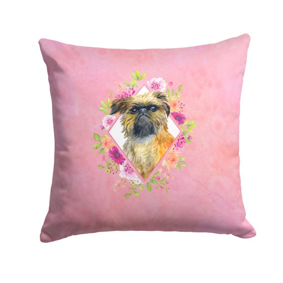 Carolines Treasures CK4123PW1414 Brussels Griffon Pink Flowers Fabric Decorative Pillow  14Hx14W multicolor
