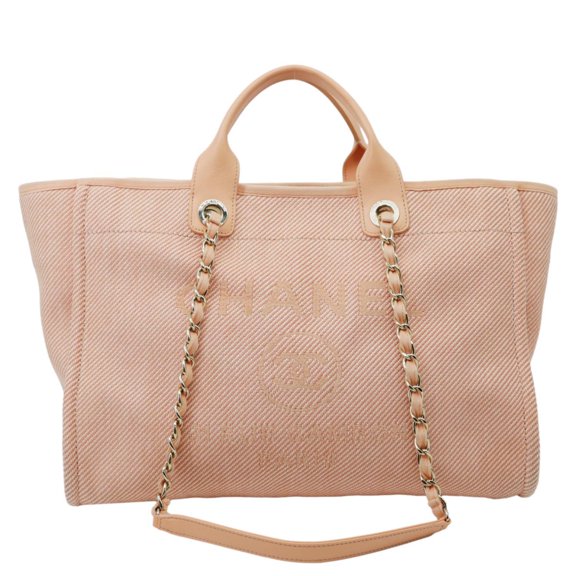 Pre-Owned Chanel Deauville Mixed Fibers Calfskin Leather Tote Bag Peach