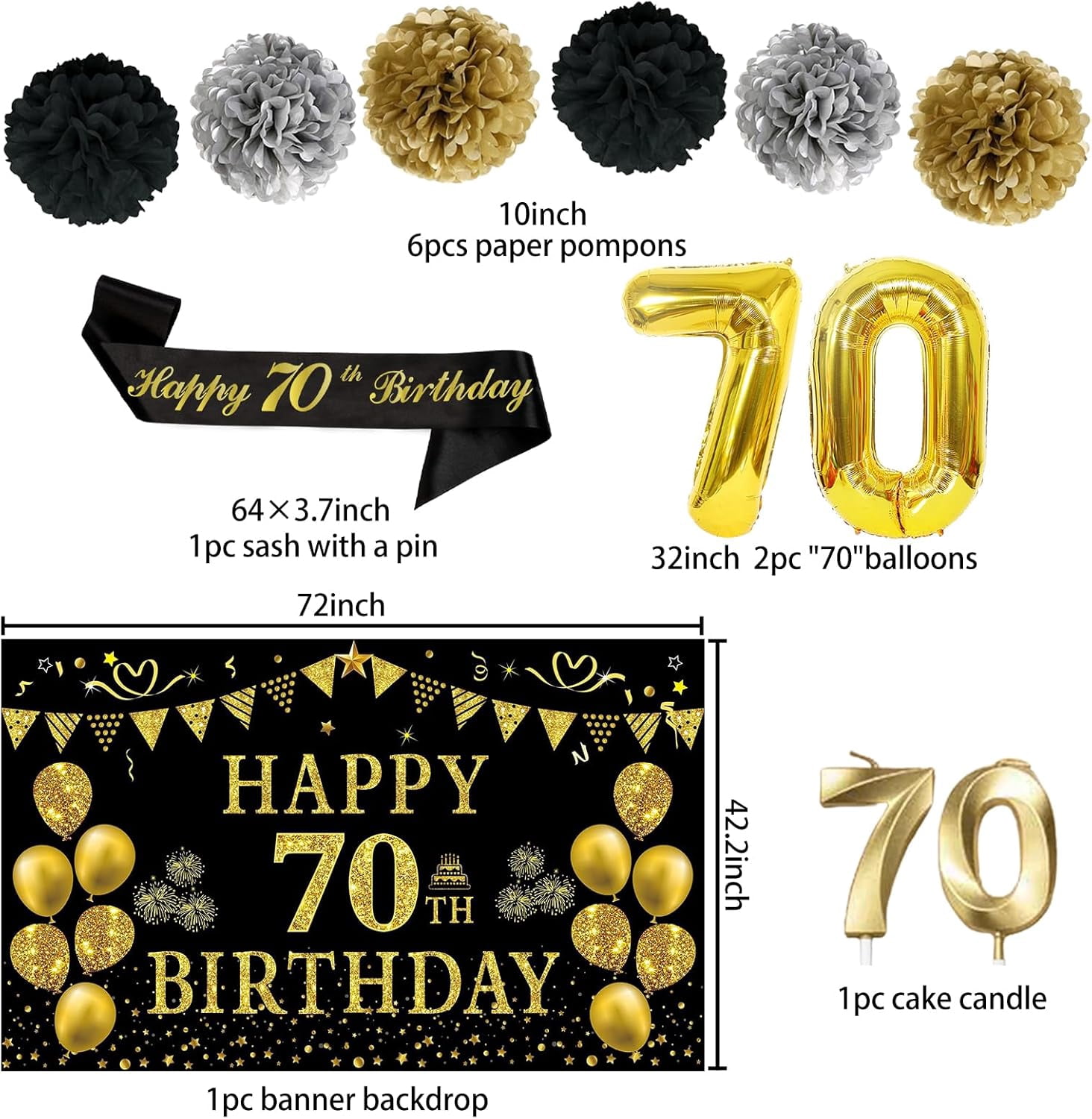 70th Birthday Decorations for Men Women, 22pcs Black Gold Birthday Party Supplies, Banner, Hanging Swirl Flag, 70th Sash&Pompoms, Balloons, 70 Year Old Party Decorations Set