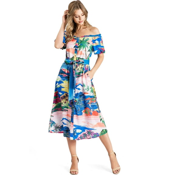 Flying Tomato Women's Off Shoulder Tropical A-Line Midi Tea Dress (Small, Blue)