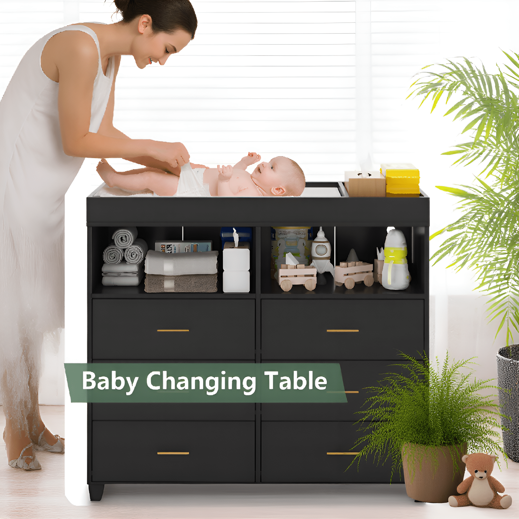 Towallmark 6 Drawer Dresser Changing Table Dresser with Changing Pad, LED Lights & Charging Station for Nursery Bedroom