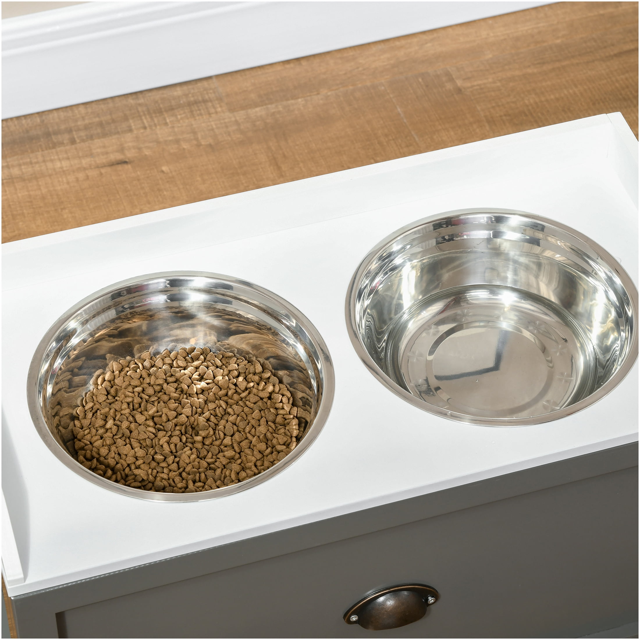 JERFIT 21L Storage Raised Dog Feeder Stand with 2 Stainless Steel Bowls, Elevated Dog Bowls for Large Dogs, Gray