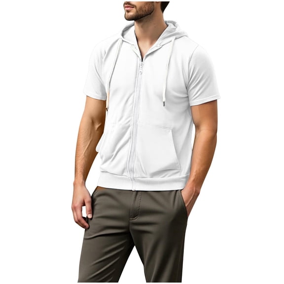 HAiming Men's Zip up Hoodies Short Sleeve Hooded Sweatshirts Summer Casual Solid Color Tops with Pockets