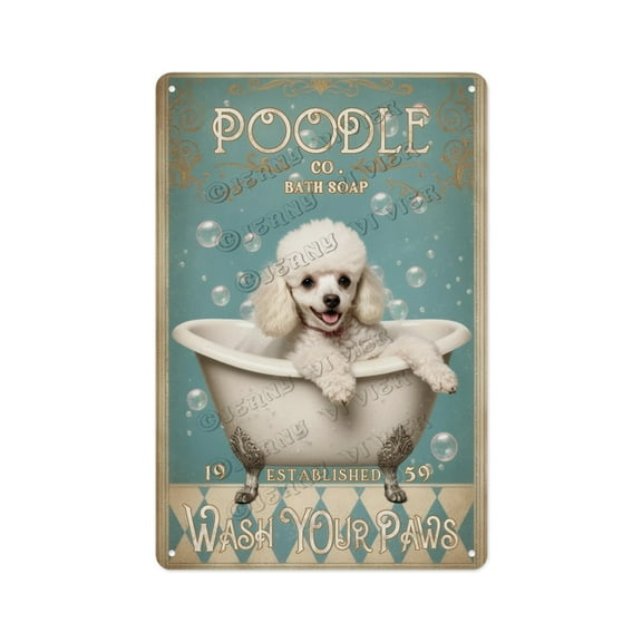 Retro Aluminum Metal Sign, 8 x 12 Inches, White Poodle Dog Wash Your Paws Sign, Fun and Whimsical Wall Art for Homes, Offices, or Pet Areas