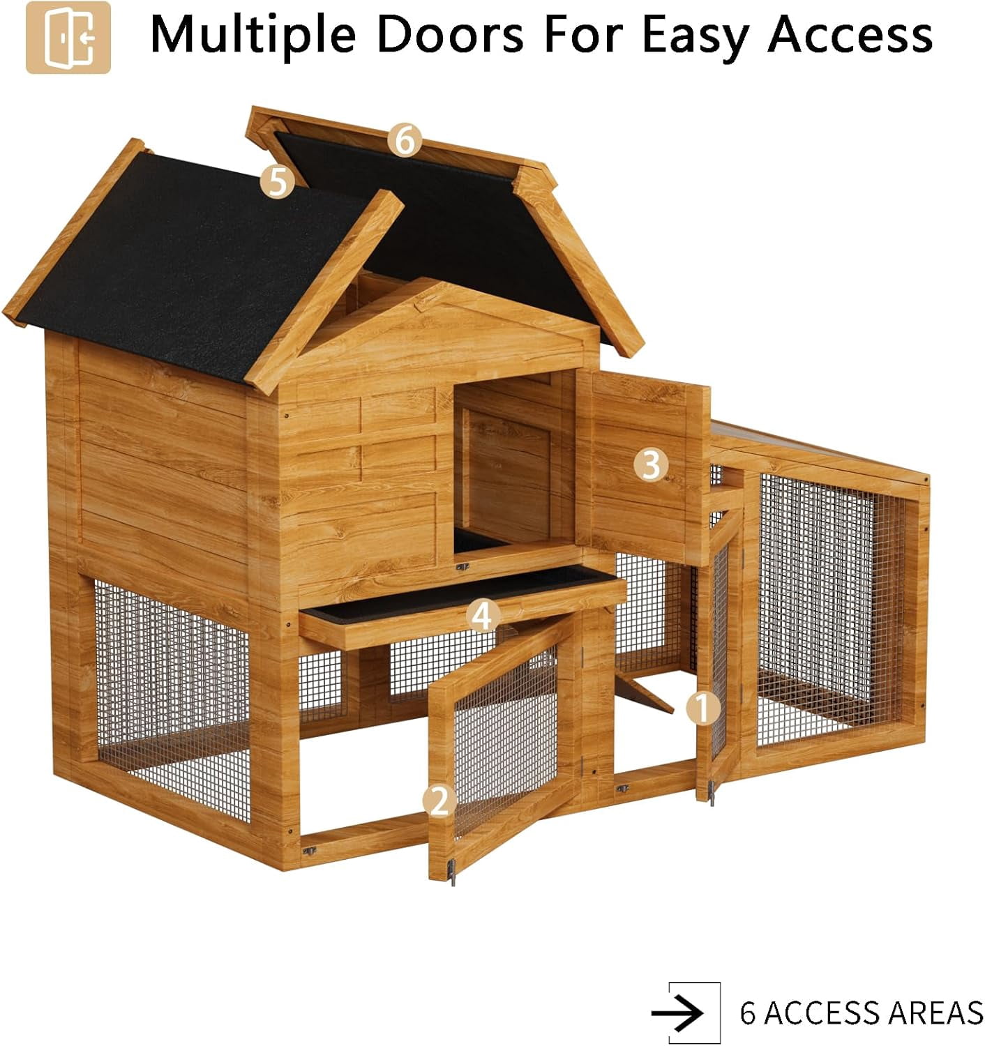 Wooden Rabbit Hutch Indoor and Outdoor, Large Rabbit Cage Chicken Coop Expandable, Weatherproof Bunny Cage with Anti-Chew Metal Frame Ramp for Backyard Small Animals, Natural
