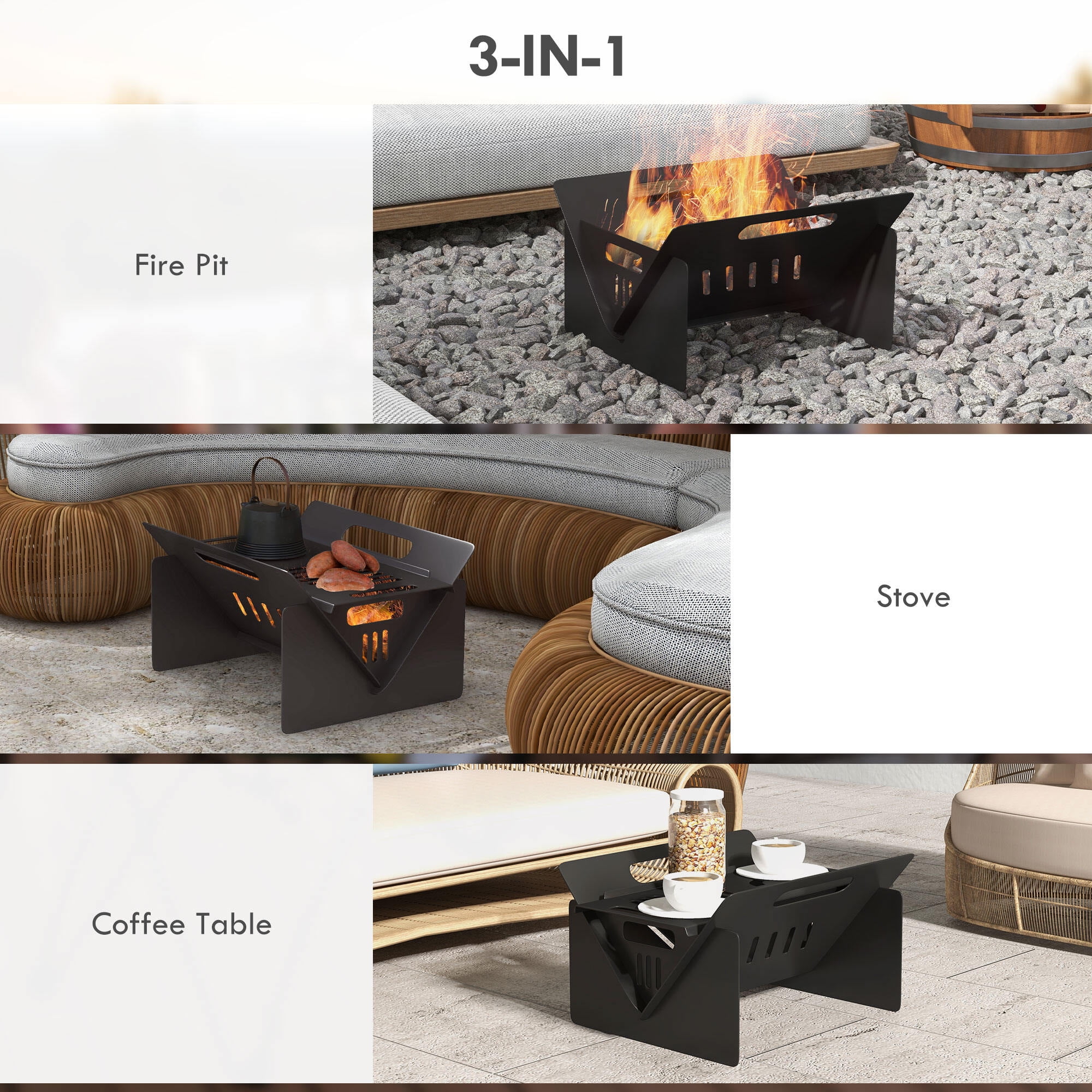 3-in-1 Portable Fire Pit & Coffee Table, Wood Burning Stove with Carrying Bag for Camping, Backyard, Patio - Quick Assembly, Black Steel