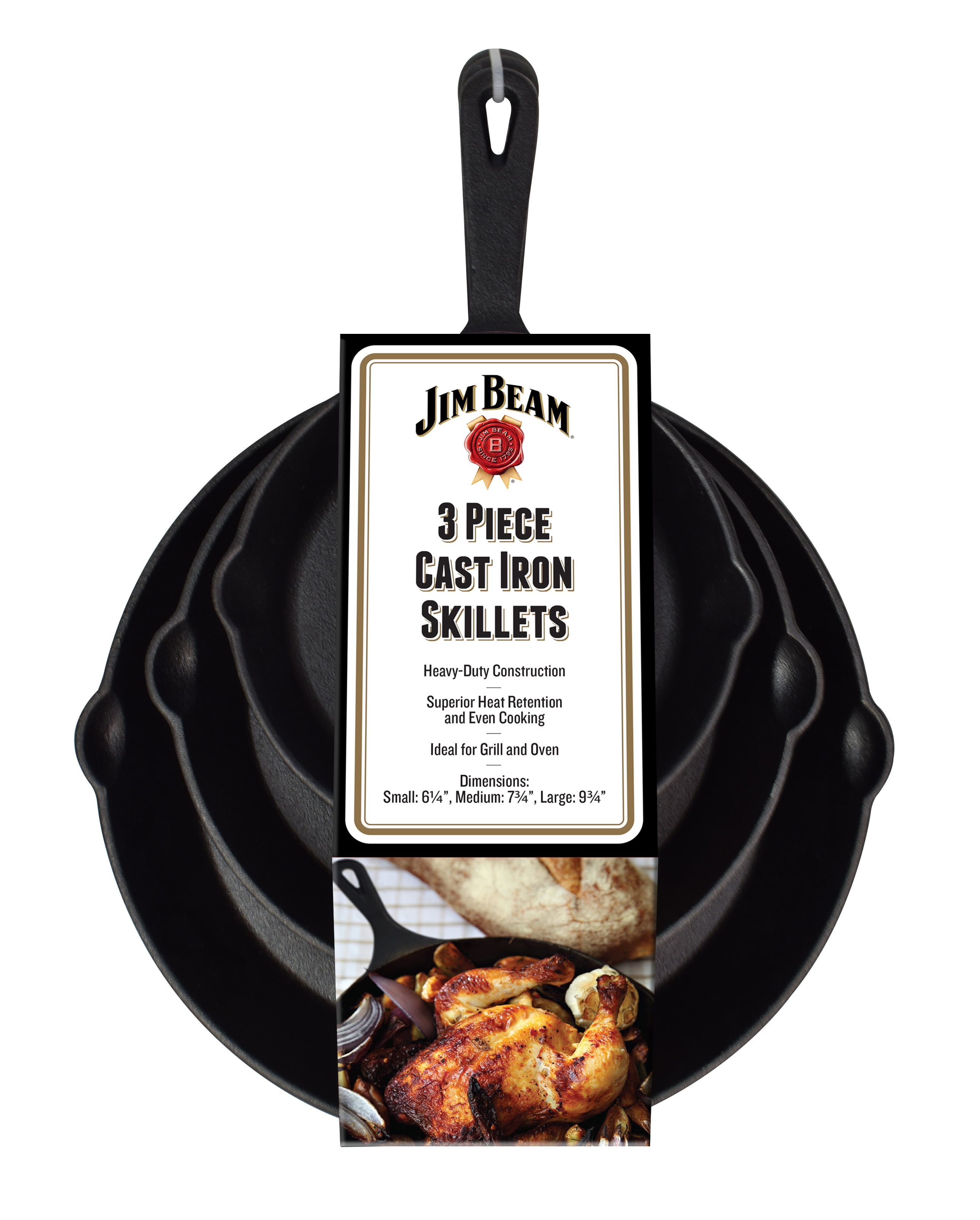 Jim Beam Set of 3 Pre Seasoned Cast Iron Skillets with Even Distribution  and Heat Retention-6 8 10, Large, Black