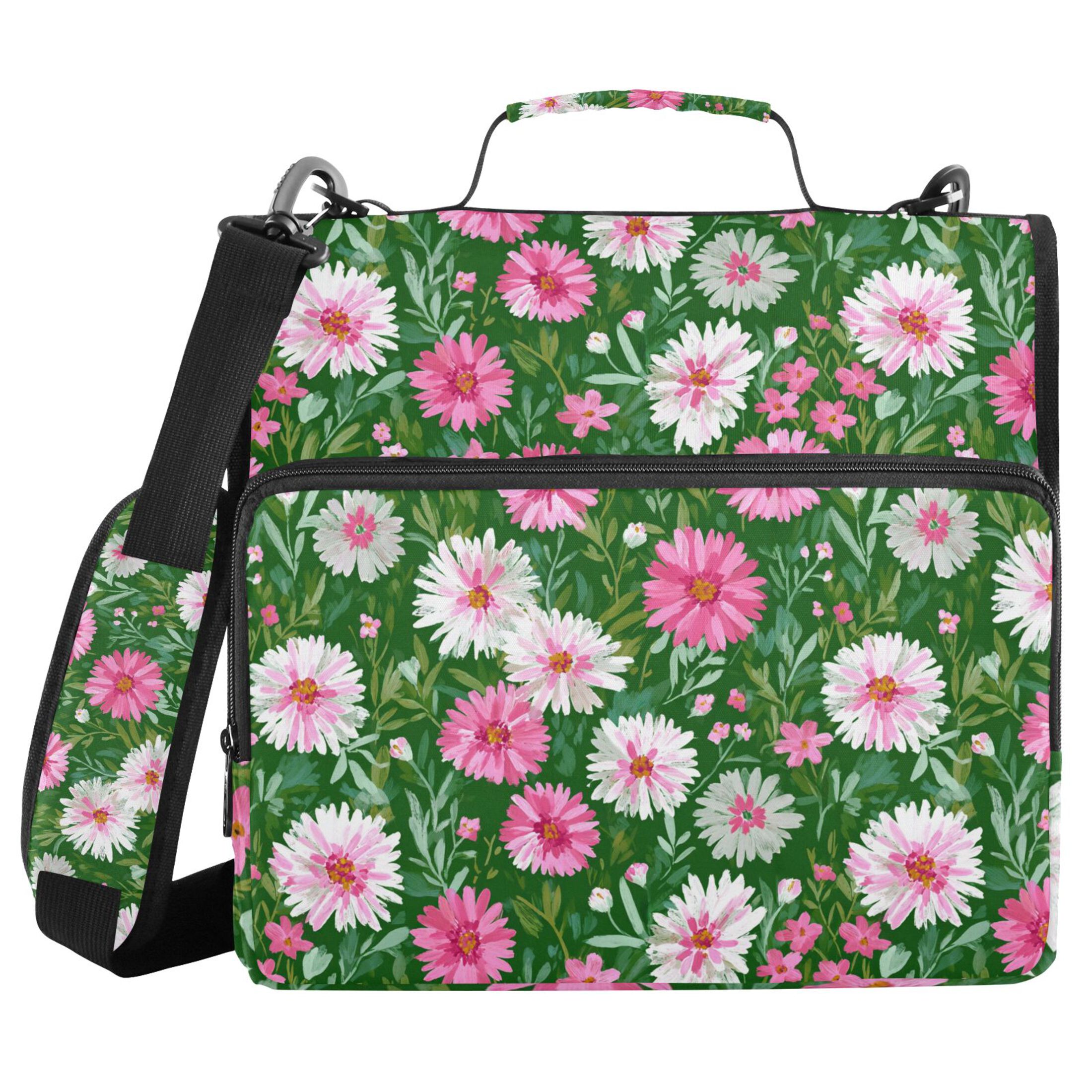 Zipper Binder Daisy Pink and White 1.5 Inch Binder Folder Bag with Shoulder Strap and Handle