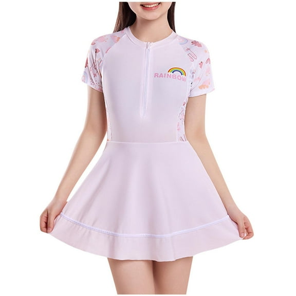 Fesfesfes Girls One Piece Swimsuits Hawaiian Skirted Bathing Suit for Kids Girls Summer Swim Dress Short Sleeve Swimwear 9-14 Years(Pink,9 Years)