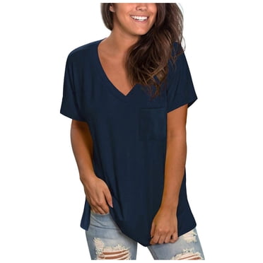 Baberdicy T-Shirt Basique pour Femmes Confort Décontracté Col en V Couleur Unie Poche Coupe Ample Manches Courtes T-Shirts pour Femmes Marine L