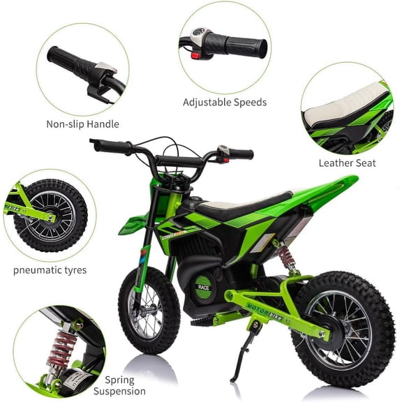 Historyli Ride On Electric Motorcycle-24V 250W Motor 13.6MPH Fast Speed Dirt Bike-Leather Seat Battery Powered Off-Road Bike,Twist Grip Throttle,Metal Suspension,Air-Filled Tires-Green