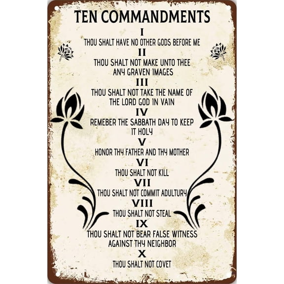 Antique Bible Verse Christian Sign Vintage Ten Commandments Wall Decor Metal Tin Sign 10 Commandments Wall Art Motivational Posters for Home Bedroom Living Room Office Room Decor 8x12 Inch, Beige