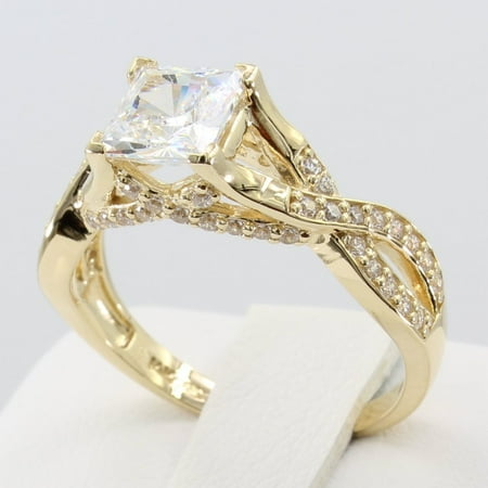 - 2.00 Ct 14K Real Yellow Gold Square Princess Cut with Round Pave Set Side Stones 4 Prong Fancy Crossover Solitaire Engagement Promise Ring