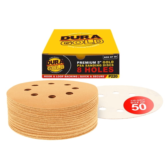 Dura-Gold Premium 5" Gold Sanding Discs - 220 Grit (Box of 50) - 8 Hole Pattern Dustless Hook & Loop Backing Sandpaper for DA Sanders, Aluminum Oxide Abrasive - Sand Auto Paint, Woodworking Wood