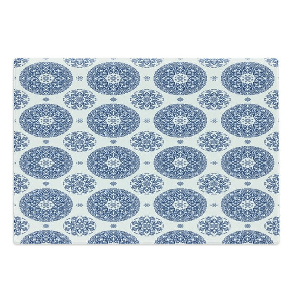 Vintage Cutting Board, French Country Style Floral Circular Pattern Lace Ornamental Snowflake Design Print, Decorative Tempered Glass Cutting and Serving Board, Large Size, Blue White, by Ambesonne