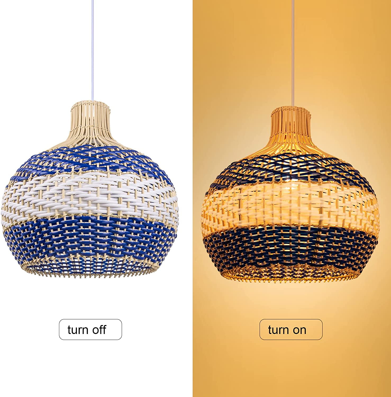 Arturesthome Hand-Woven Rattan Chandelier, Rattan Pendant Light Fixtures Ceiling, Wicker Hanging Lamp for Dining Room Bedroom Kitchen Island Blue