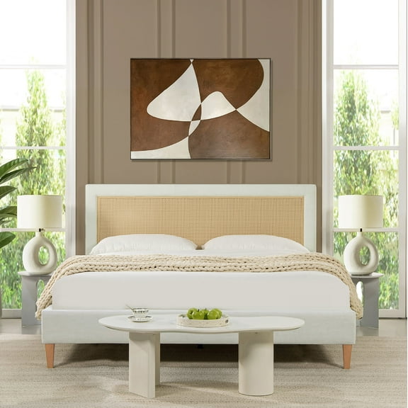 Haley Upholstered Cane-Back Platform Bed, King, Snow White Polyester