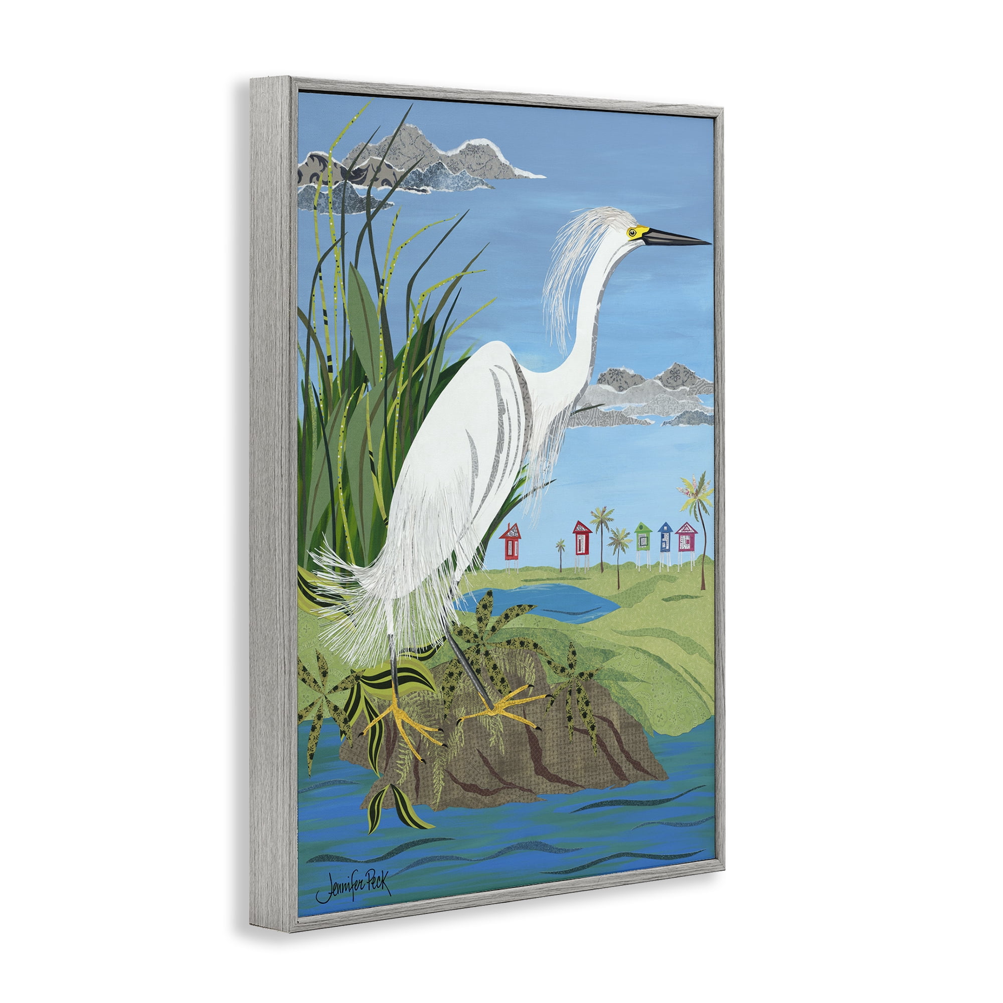 Stupell Industries Egret Perched on Shore Animals & Insects Painting Gray Framed Art Print Wall Art, 12 x 18