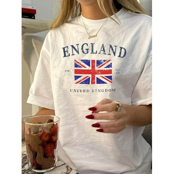 Camiseta vintage con estampado de la bandera de Inglaterra para mujer, 100 % algodón, cuello redondo, tejido de punto con estampado geométrico, ropa informal de verano, top deportivo.