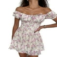 thumbnail image 3 of Women Floral Puff Sleeve Mini Dress Drawstring Ruched Square Neck A Line Summer Short Dress, 3 of 3