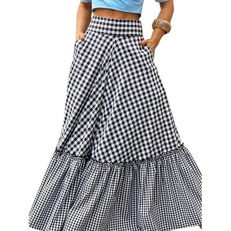 VONDA Women Maxi Skirts Elastic Waist Casual Checked Long Skirt Plaid A ...