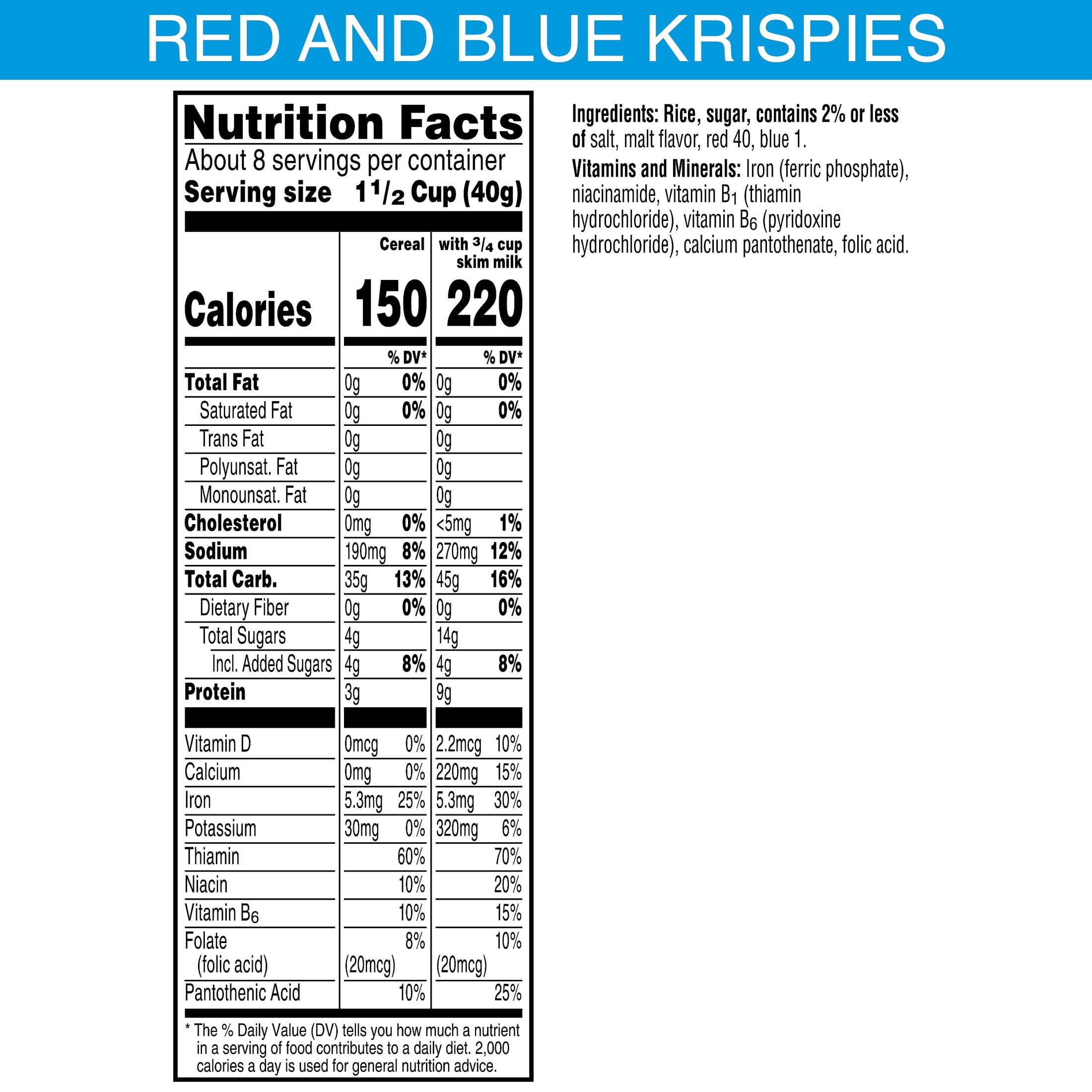 Kellogg's Rice Krispies Breakfast Cereal, Summer Snacks, Family Breakfast, Family Size, Red and Blue Color Mix, 12oz Box (1 Box)