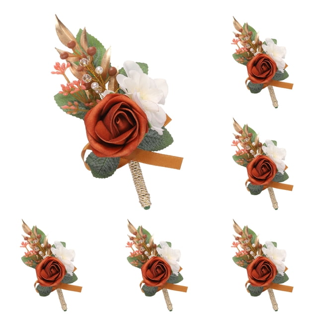 6 piezas de boutonnieres de rosa rojo anaranjado para hombres, novios y padrinos