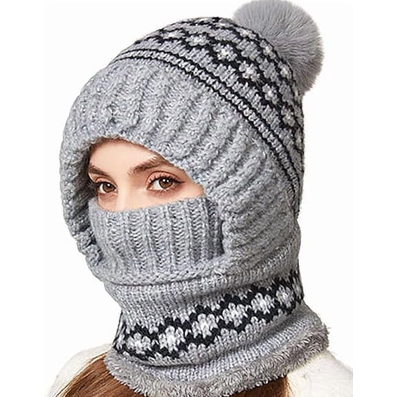 3 in 1 Beanie Hat for Women,Hat with Scarf and Mask,Windproof Balaclava Winter Beanie Fleece Lined Ski Knit Hats Caps(Gray)