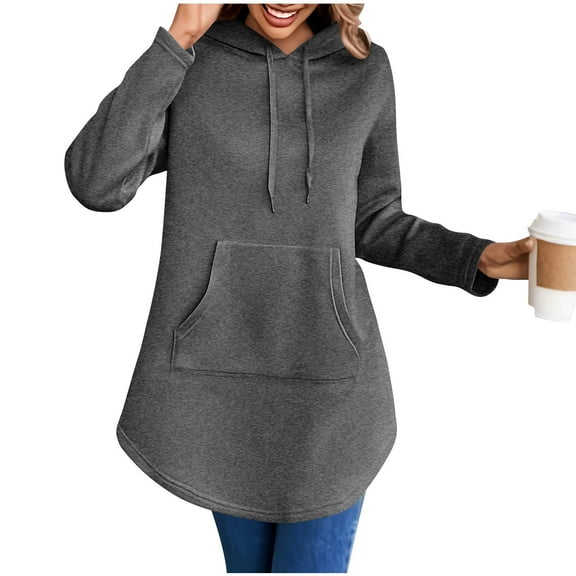 ZUKMRJPC Womens Oversized Long Hoodie Casual Long Sleeve Fleece Lined Hooded Tunic Sweatshirt Fall Fashion Comfy Pullover Tops with Kangaroo Pocket