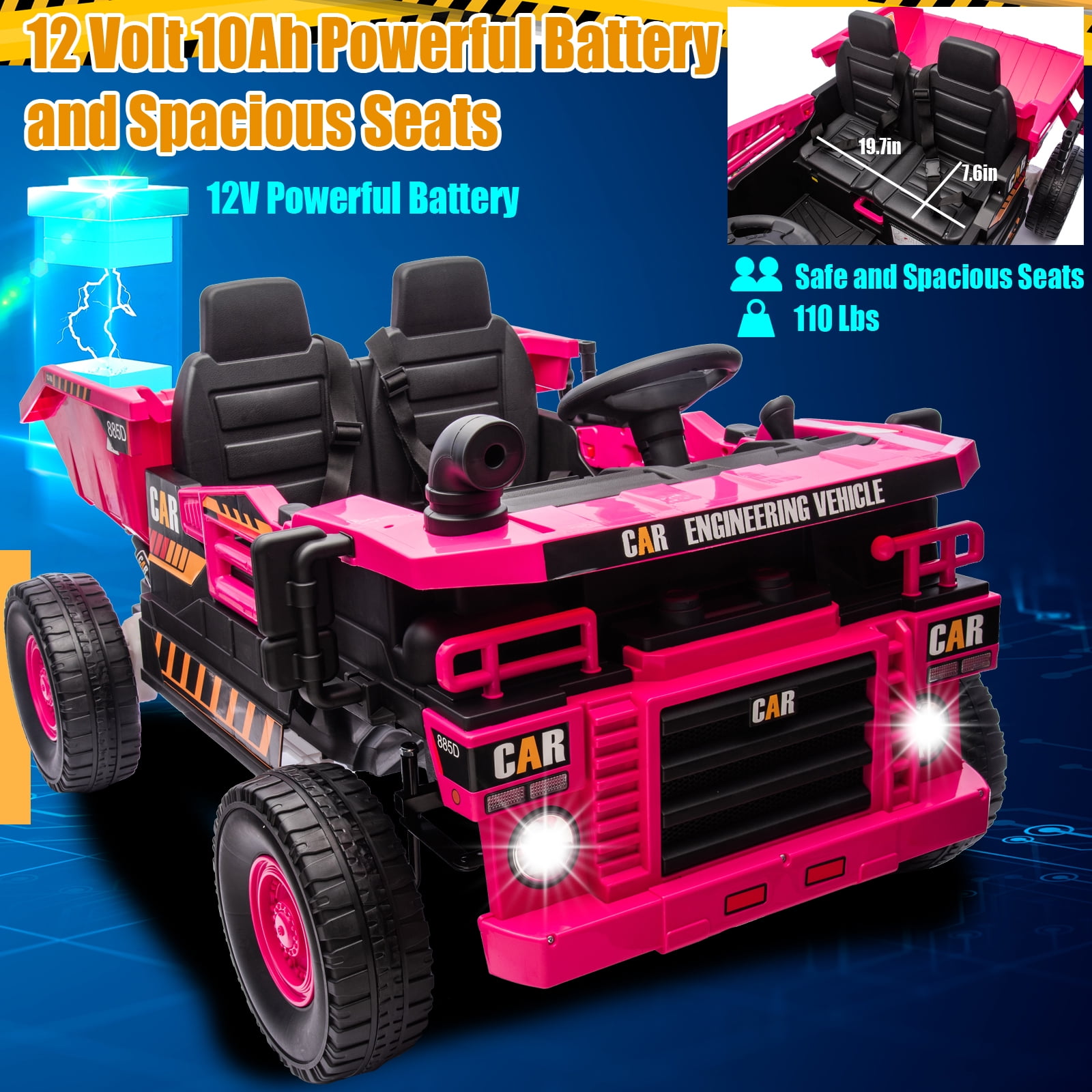 FINITO 12V 10Ah Ride on Toy for Toddlers, Powerful 4 Wheels Electric Dump Truck, 2 Seater Kids Ride on Car w/Parent Remote Control, Music Bluetooth Shove, Pink