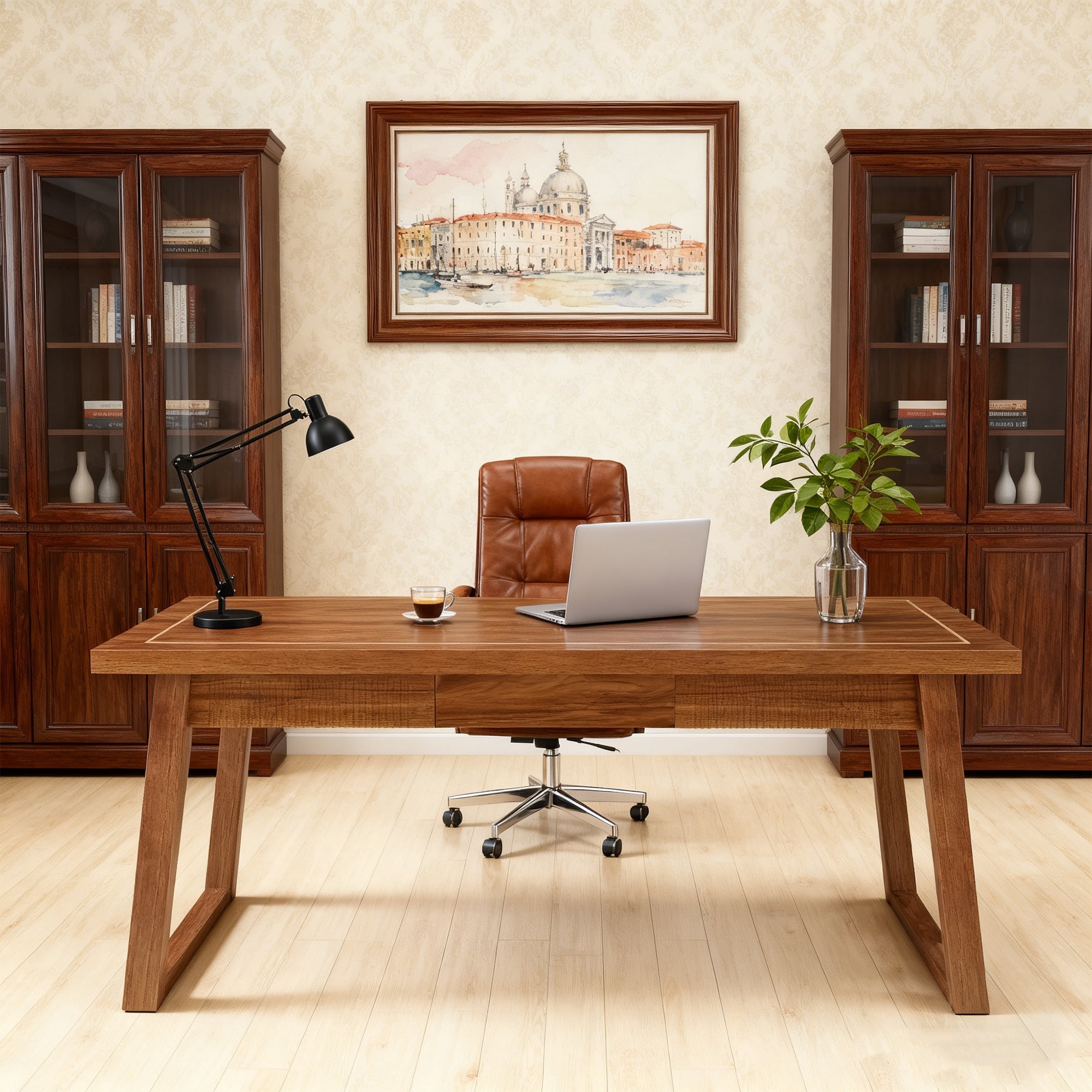 KIOOTTO 55" Executive Desk with Solid Wood Legs and 1 Drawer, Mid-Century Computer Desk, Walnut Brown