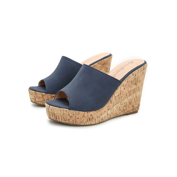 Rockomi Women's Peep Toe Cork Wedge Mules Platform Slides Slip On High