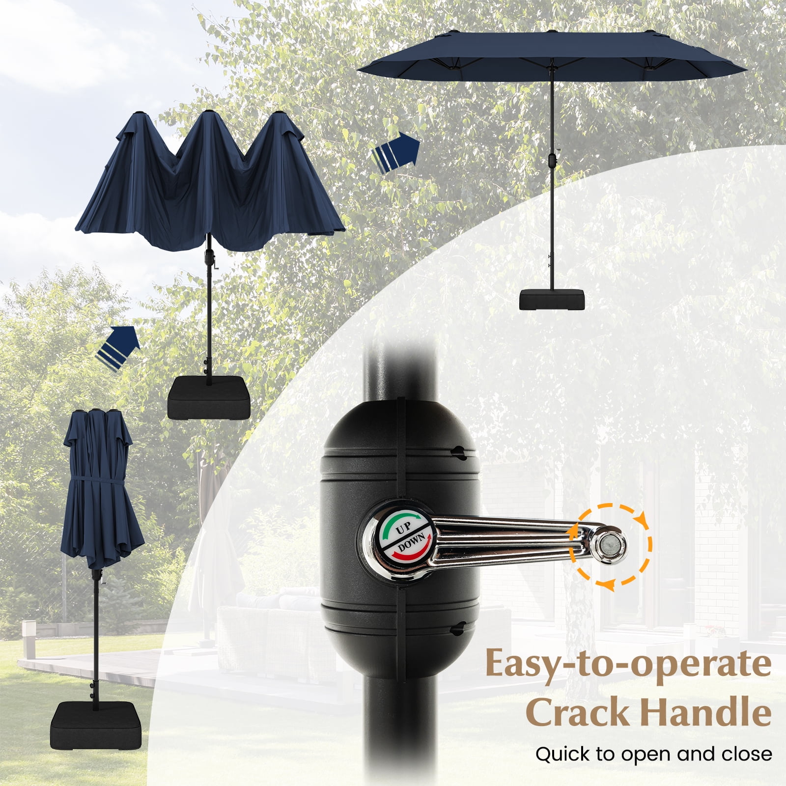 Gymax 13FT Double-sided Patio Umbrella w/ Crank Handle Umbrella Base Safety Lock Navy