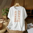 thumbnail image 2 of Dazajoo Short Sleeve Linen Shirt Women Boho Floral Embroidered Round Neck Tops Summer Casual Lightweight T Shirts,White,M, 2 of 9