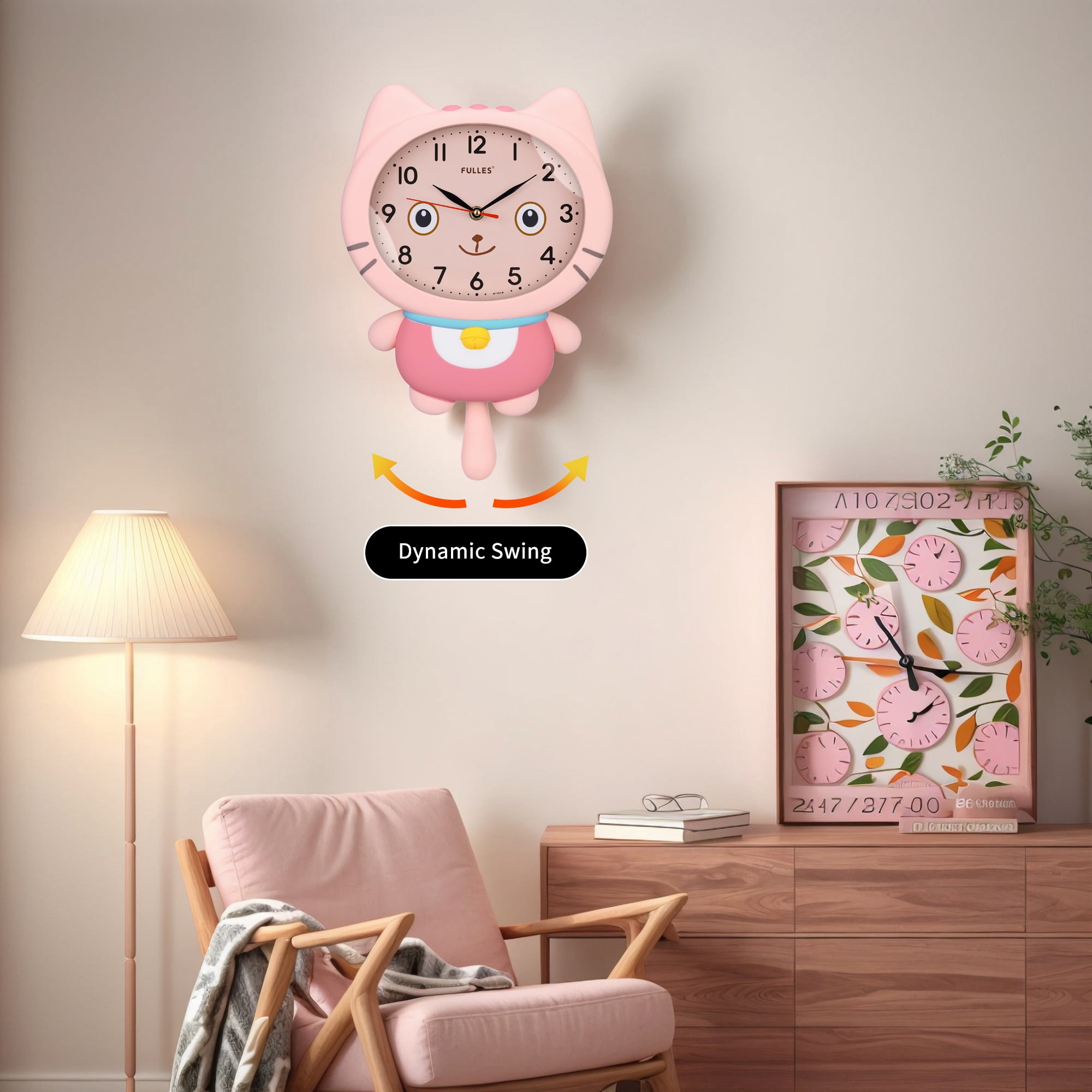 Unique Bargains 1pc Cartoon Cat Mechanism Wall Clock for Home 15" x 10" x 2.4" Pink