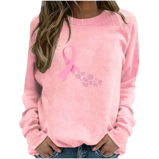 Fartey Cute Pink Floral Ribbon Print Sweatshirts for Women October Breast Cancer Awareness Blouses Casual Loose Long Sleeve Crewneck Pullover Tops