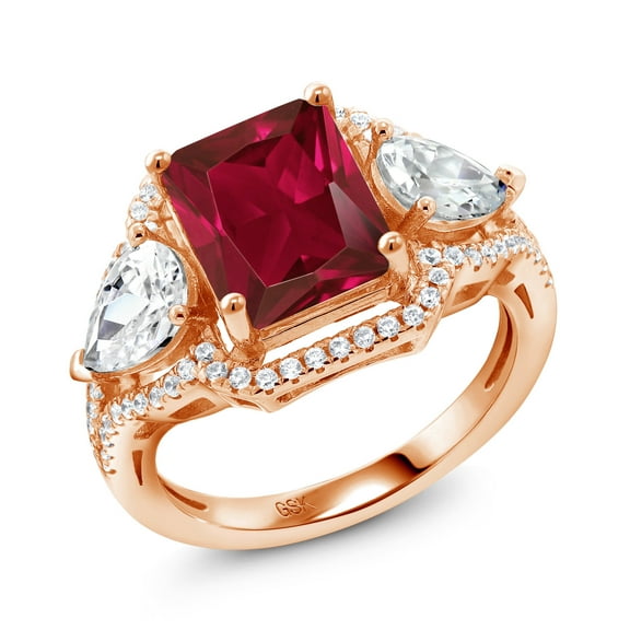 Gem Stone King 18K Rose Gold Plated Silver Red Created Ruby Ring for Women (4.59 Cttw, Emerald Cut 10X8MM, Gemstone July Birthstone, Size 5)