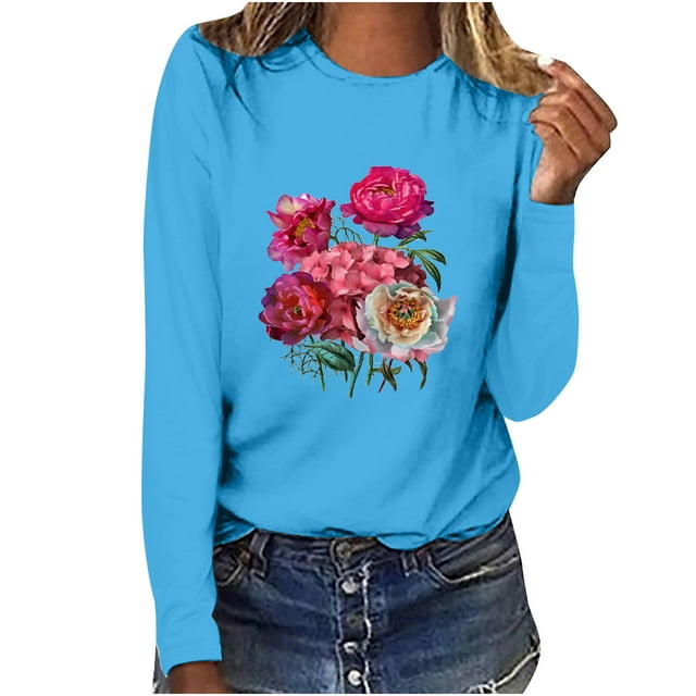 Pompotops T-shirt Décontracté Imprimé pour Femmes Col Rond Manches Longues Blouse