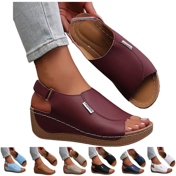 Modisza Summer Wedge Sandals for Women Ankle Strap Orthopedic Arch Support Shoes Comfortable Walking Rubber Sole Slides Size 6 Black