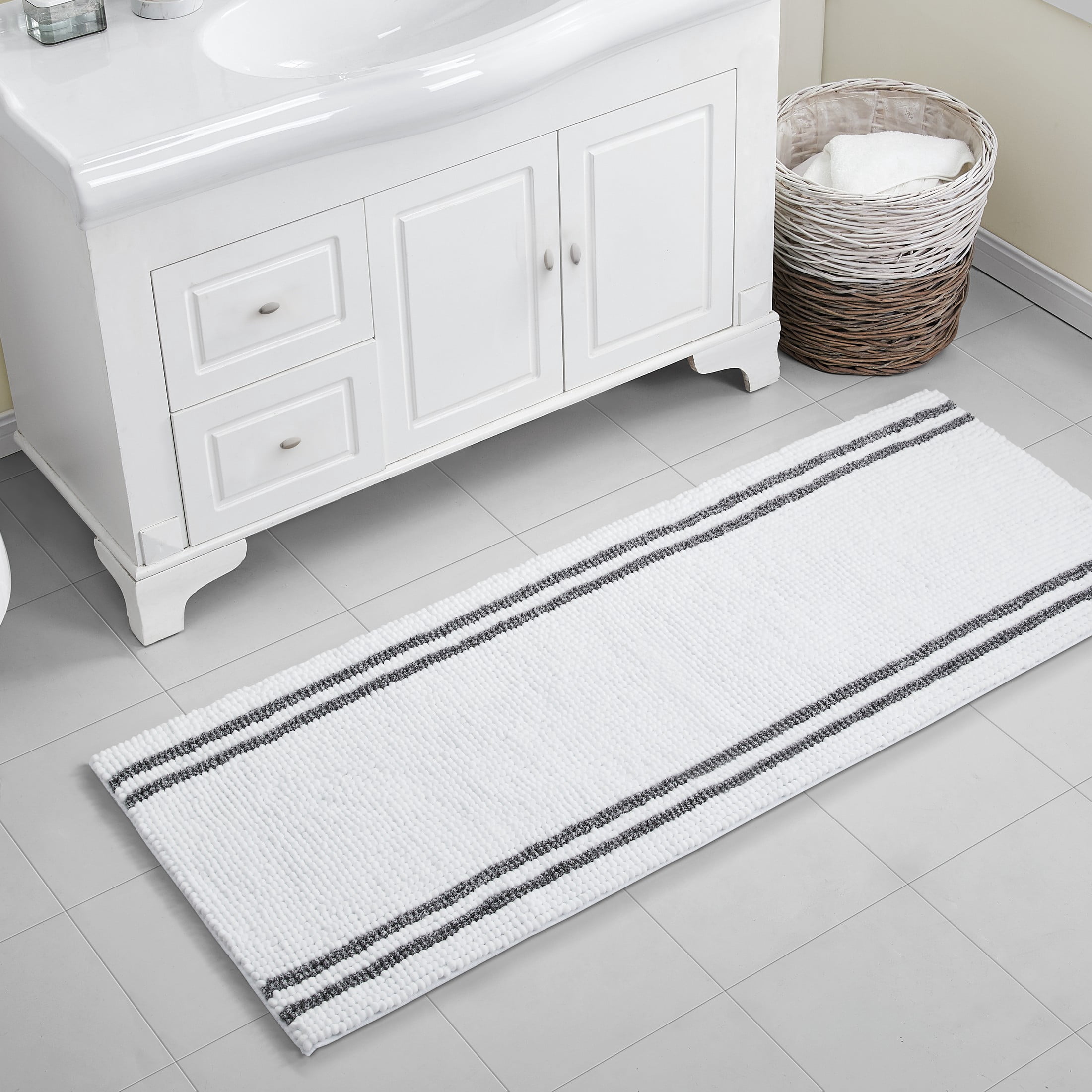 VCNY Home Hotel White/Charcoal Striped Polyester Bath Rug, 24" x 60"