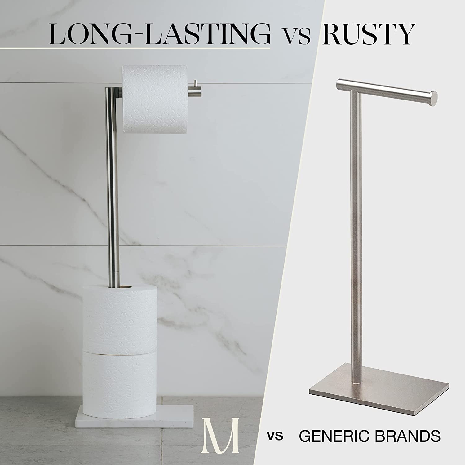 Marmolux Acc Brushed Nickel Toilet Paper Holder Free Standing with White Marble Base Storage