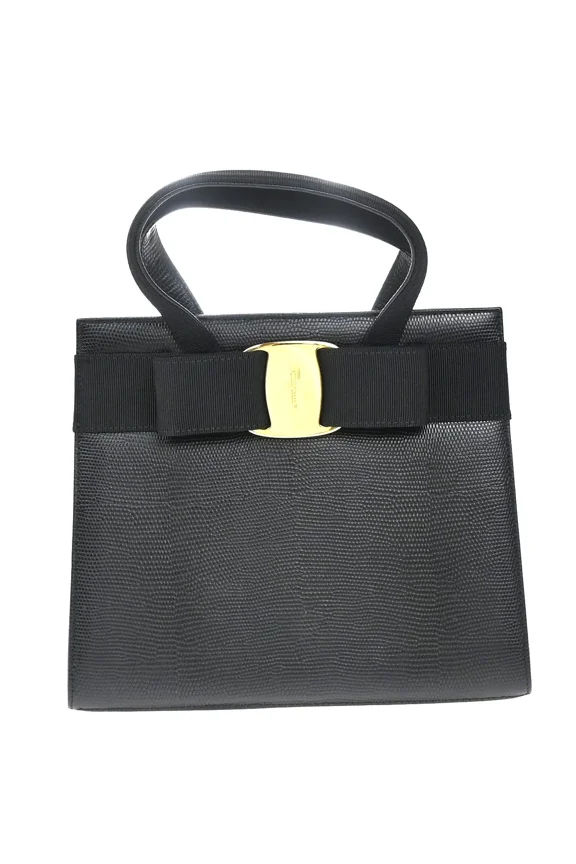 Pre-Owned Salvatore Ferragamo Convertible Vara Bow Tote Lizard Embossed Leather Black Leather Handbag