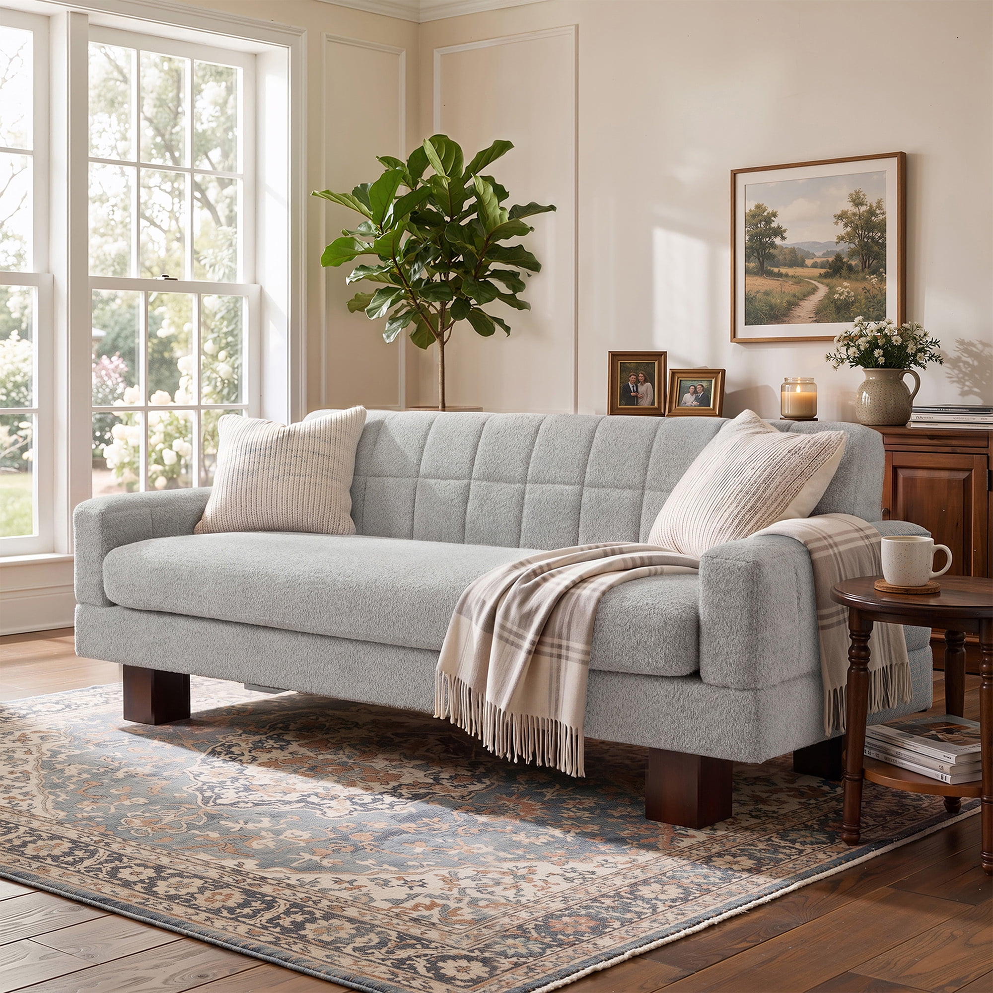 Leumius Loveseat Sofa, Boucle Fabric Biscuit Back Loveseat with Square Arms and Single Cushion Seat, Upholstered 2-Seater Couch for Living Room and Bedroom, Light Grey-Blue