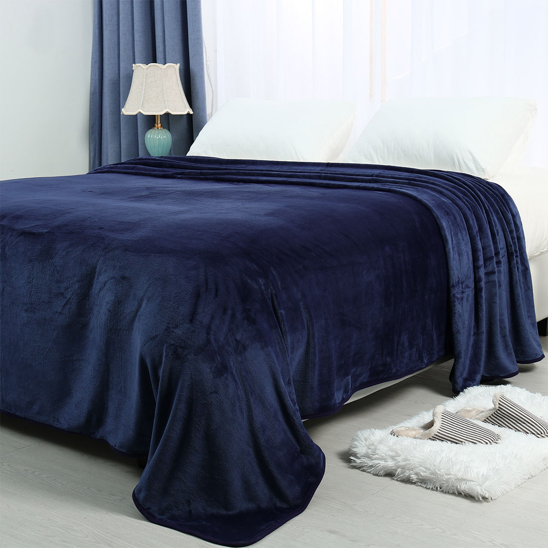 Unique Bargains Flannel Fleece Blanket Soft Wide Hemmed Queen Navy Blue