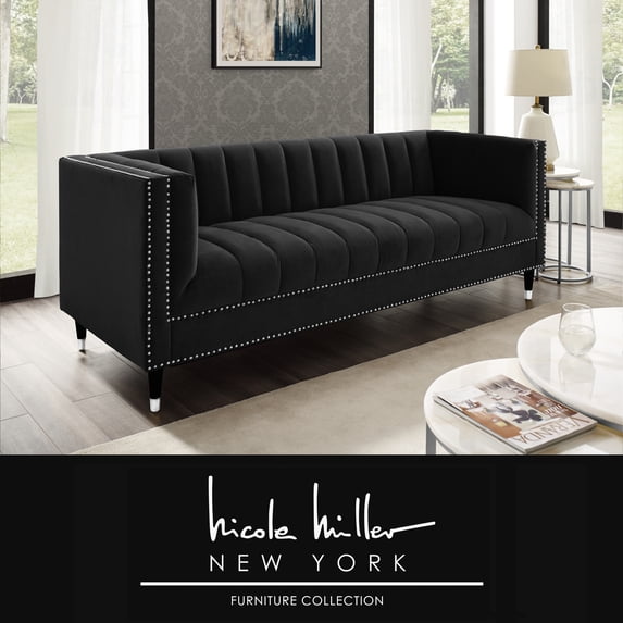 Nicole Miller Janie Velvet Sofa Channel Tufted Nailhead Trim Metal Leg Tip Contemporary, Black/Chrome