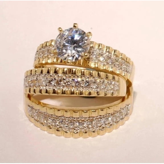 3 CTW Simulated Diamond 14K Yellow Gold Plated Round Wedding His/Her Ring Band Trio Set