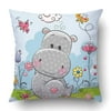 WOPOP Baby Cute Cartoon Hippo With Flowers And Butterflies On Meadow Birthday Girl Pillowcase Cover Cushion 18x18 inch