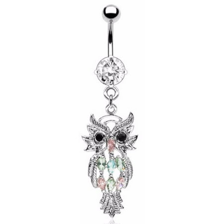 Dangling Multi Colored Belly Button Ring - Belly Button Ring Navel Multi Color Owl Body Jewelry Dangle 14 Gauge