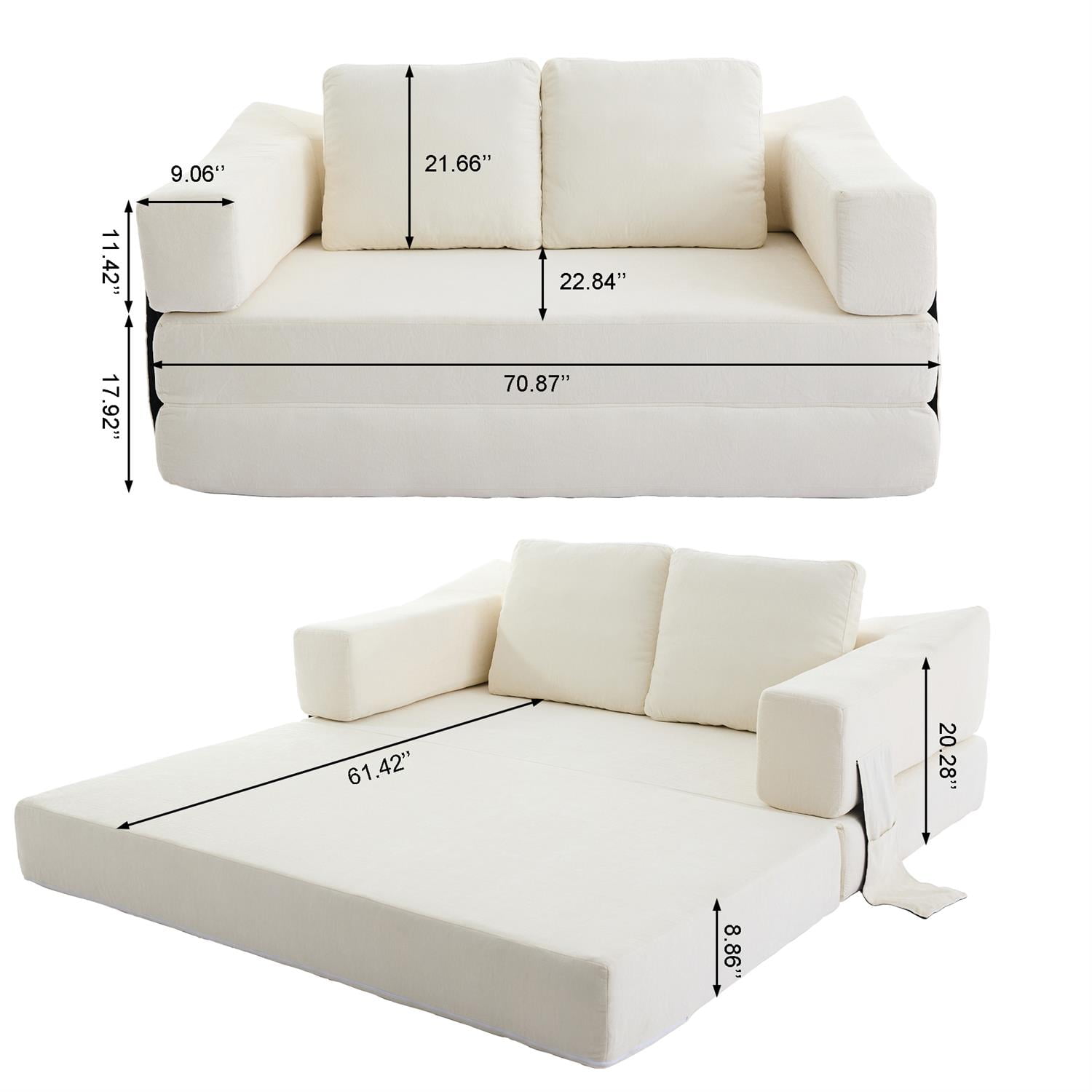 Demi Bonn 70" Modern Minimalist Convertible Sofa Bed, Fold-Out Sofa Chair, Versatile Floor Couch & Mattress for Living Room, Bedroom, Apartment, Removable Backrest, White