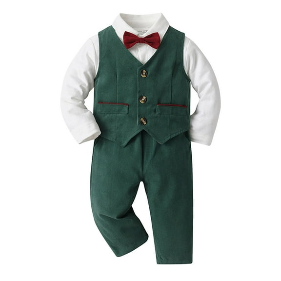 HNMKIU Boys Long Sleeve Shirt Romper Bodysuit Pants and Tie 4Pcs Set Formal Gentleman Outfits for Boys for Toddler and Kids Green,3-6 Months